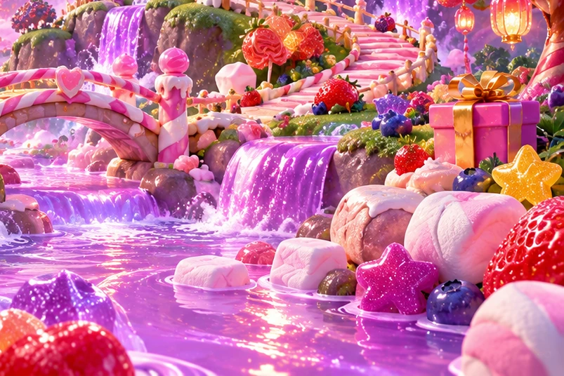 Sweet stars, berries and pastel candy beside the glowing river