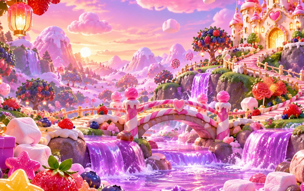 The candy bridge and soft marshmallow landscape at sunset