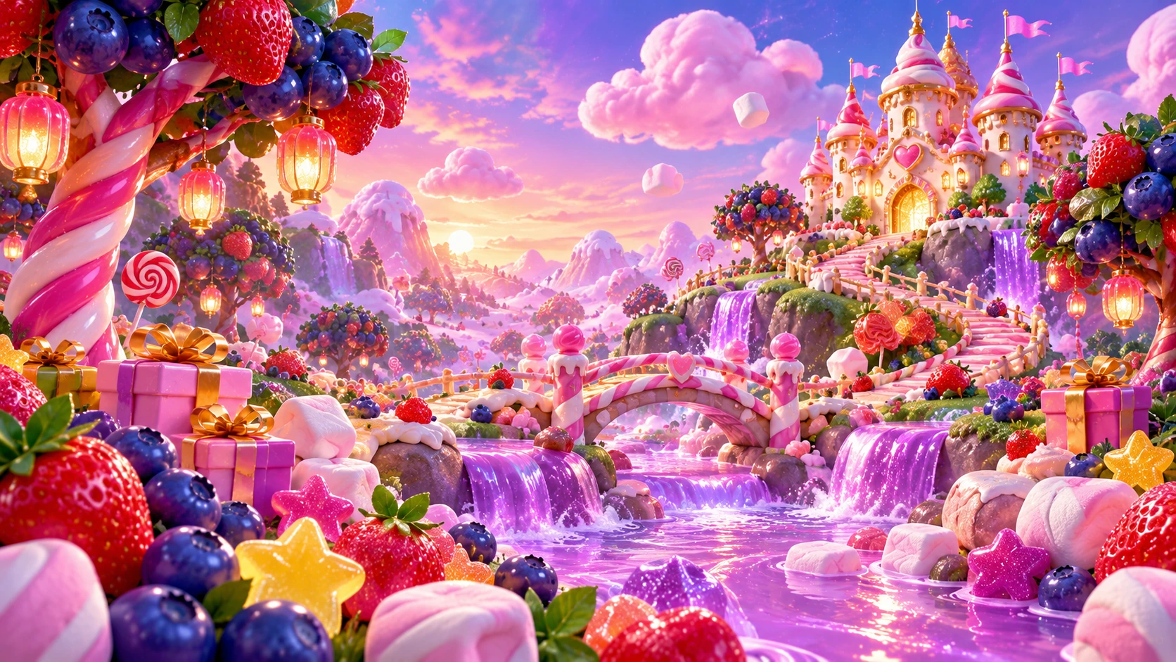 A magical berry candy kingdom at sunset with a glowing castle and purple waterfalls